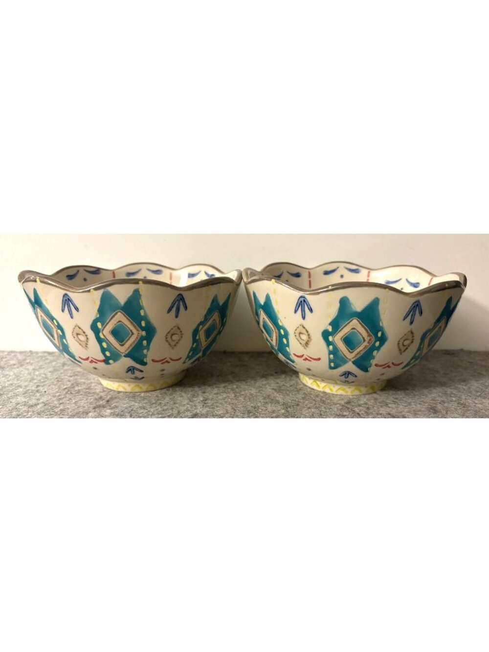 Set of 2 Hand painted Southwestern Boho Aztec Design 5.5" x 3" Stoneware Bowls